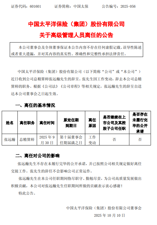 中国太保：张远瀚辞任总精算师